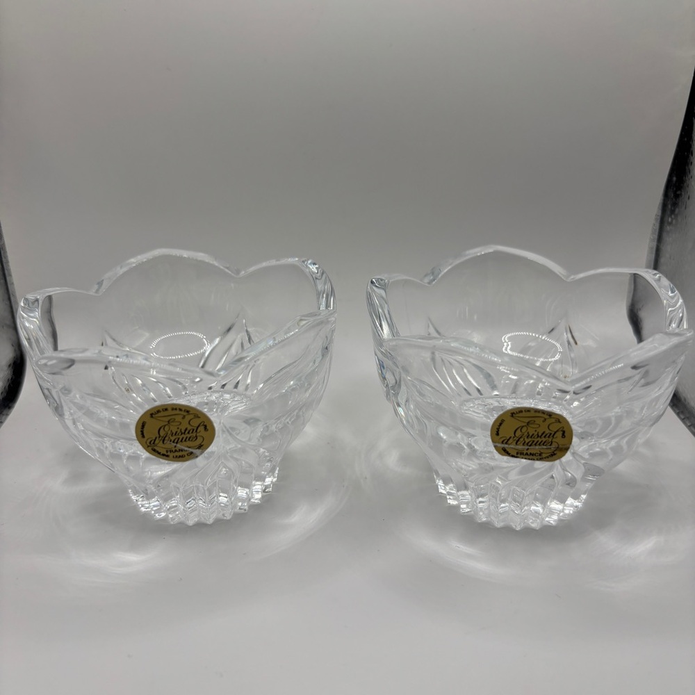 2pc Cristal Arques France Genuine Lead Crystal Flower Shaped Candle Holder